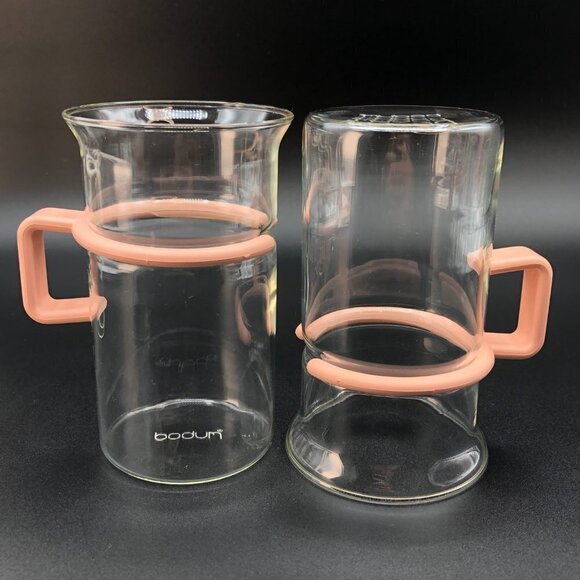 BODUM Coffee Cup PAIR Vintage French Bistro Clear Glass Mugs 70s Pink Handles - Picture 3 of 12